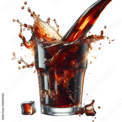 3D Cola splashing out of a glass isolated white background