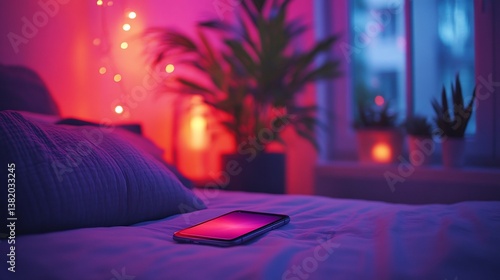 Nighttime phone on bedroom bed, vibrant lights