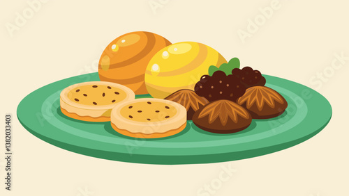 A blend of familiar and exotic with flaky ghorayebah cookies and datefilled maamoul cookies side by side.. Vector illustration