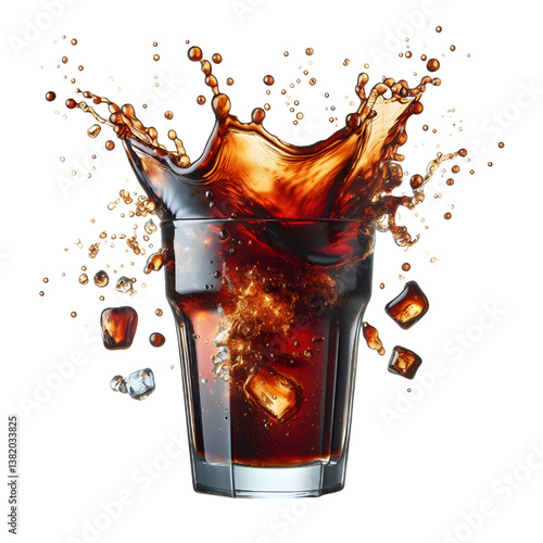 3D Cola splashing out of a glass isolated white background