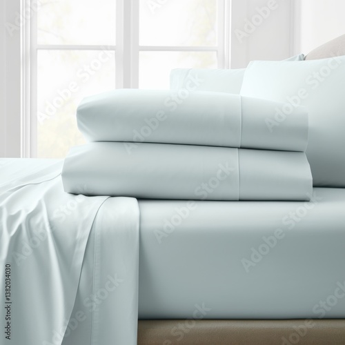 Set of clean neatly folded light blue bed linen on bed.