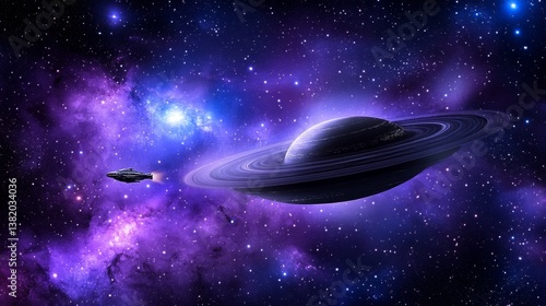 Fototapeta Naklejka Na Ścianę i Meble -  A massive gas cloud in deep space, with a spaceship navigating through it