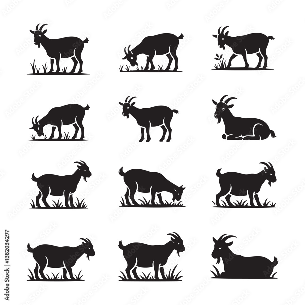 Fototapeta premium Goat Silhouettes, Various Poses and Activities.