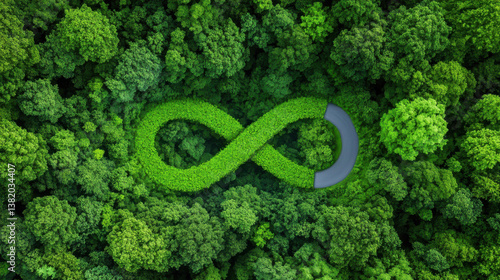 Infinity shaped road surrounded by lush green forest, symbolizing endless nature