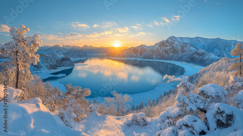 winter sunrise over frozen mountain lake, winter landscape with lake and mountains