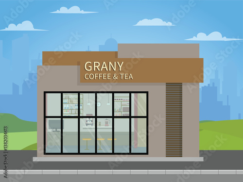 modern and minimalist coffee shop on the side of the road with a clear sky | vector flat design | background illustration.