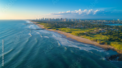 aerial view of coastal city with beach and skyline, lake in the mountains