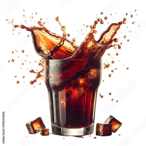 3D Cola splashing out of a glass isolated white background