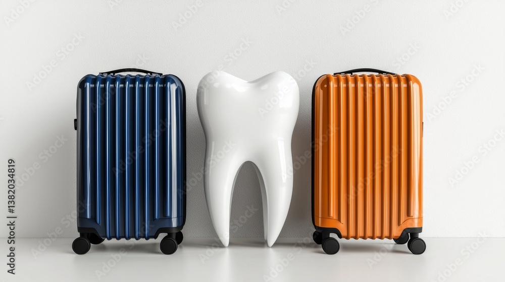 Colorful suitcases and a large tooth sculpture on a minimalist background