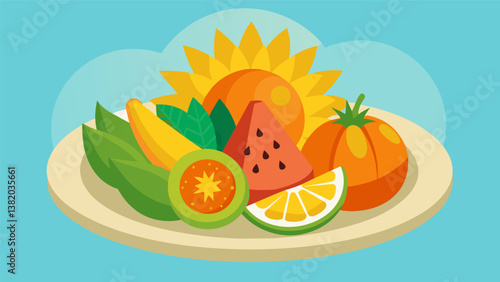 A burst of sunshine on a plate featuring an assortment of tropical fruits like papaya mango and cantaloupe.. Vector illustration
