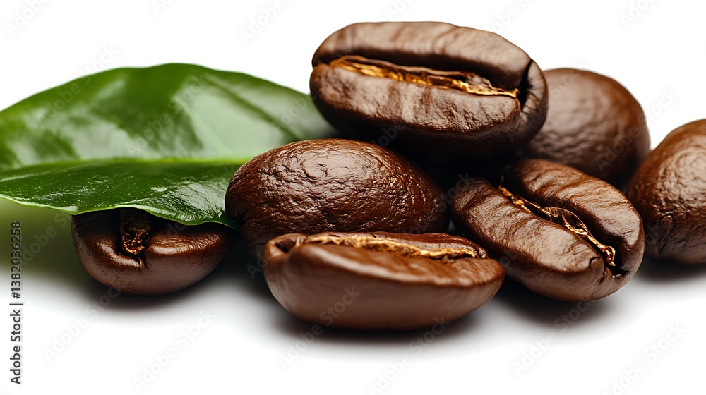 Obraz premium Aromatic Coffee Beans Fresh Leaf CloseUp.