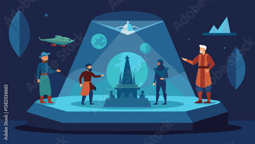 A holographic display that brings historical scenes to life giving visitors a glimpse into the past.. Vector illustration