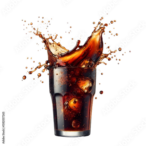 3D Cola splashing out of a glass isolated white background