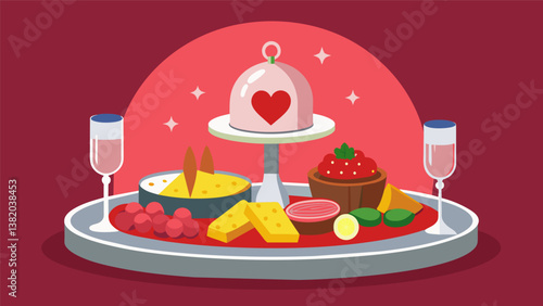 A charcuterie feast fit for royalty served on a silver platter for a romantic evening in with that special someone.. Vector illustration