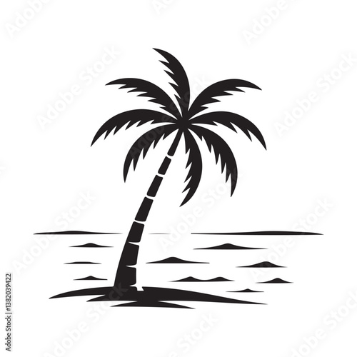 Silhouette of palm trees on an island with the sun setting over the ocean.