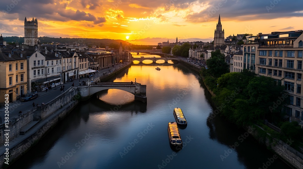 Fototapeta premium Bath with UK Sunset River Avon, and Golden Hour Cruise.