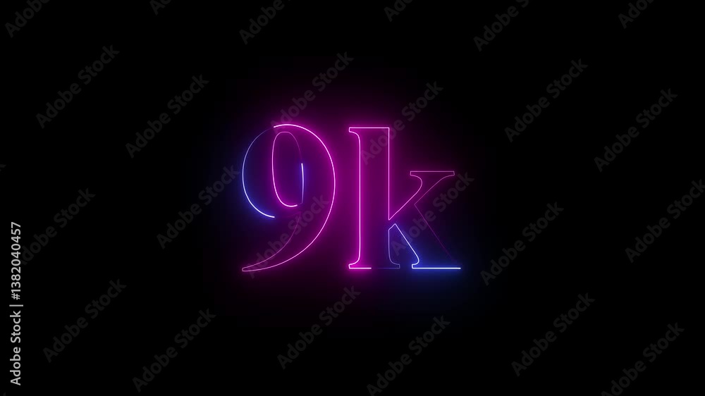 A dynamic motion, and glowing neon number 9k animation . on a black background. 9k Followers Celebration text animation. A dynamic motion, and glowing neon number 9k animation . on a black background. 9k Followers Celebration text animation.