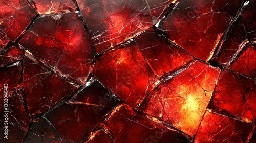 Broken red glass mosaic with light shining through cracks. Dark edges