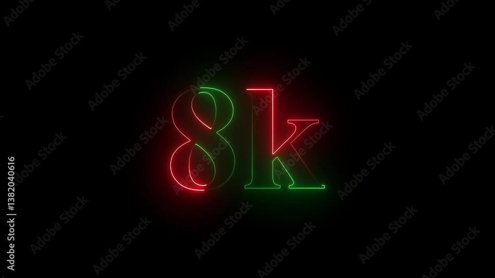 A dynamic motion, and glowing neon number 8k animation . on a black background. 8k Followers Celebration text animation. A dynamic motion, and glowing neon number 8k animation . on a black background. 8k Followers Celebration text animation.
