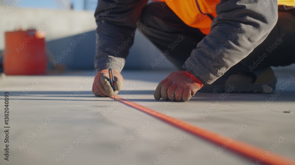 A construction worker measuring a foundation for accuracy at a building site. Featuring precision and expertise A construction worker measuring a foundation for accuracy at a building site. Featuring precision and expertise