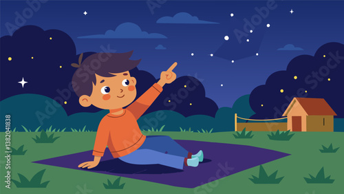 A child excitedly pointing out constellations in the starry sky while lying on a blanket in the backyard.. Vector illustration