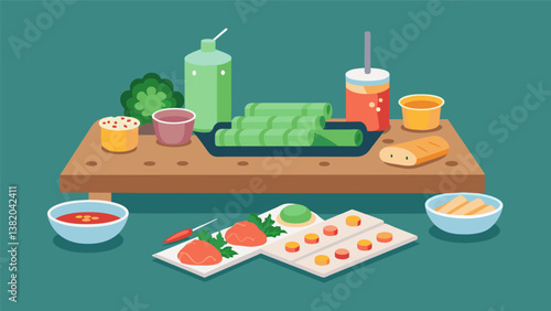 A rollyourown spring roll station with rice paper wraps vegetables proteins like tofu and shrimp and dipping sauces for guests to customize their own. Vector illustration