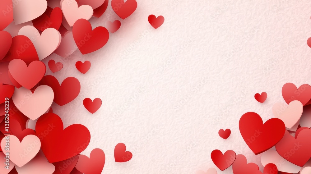 A vibrant arrangement of 3D hearts in shades of red and pink against a soft background creates a romantic atmosphere, Ideal for Valentine's Day cards, love-themed marketing, or decor, A vibrant arrangement of 3D hearts in shades of red and pink against a soft background creates a romantic atmosphere, Ideal for Valentine's Day cards, love-themed marketing, or decor,