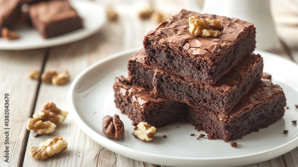 Delicious chocolate walnut brownies on plate with rustic wooden background Delicious chocolate walnut brownies on plate with rustic wooden background