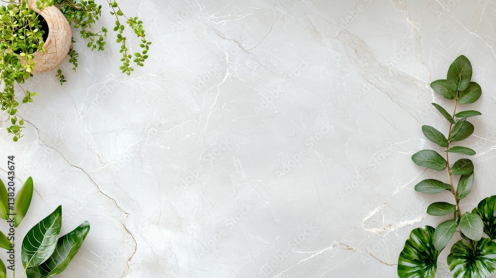 A serene arrangement of green plants on a light marble surface, creating a fresh and inviting atmosphere.