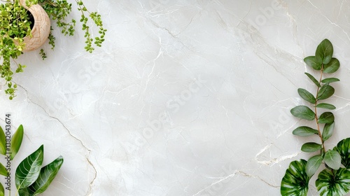 Obraz na płótnie A serene arrangement of green plants on a light marble surface, creating a fresh and inviting atmosphere. w salonie
