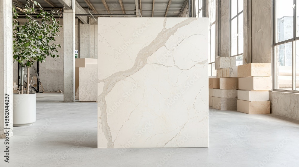 A minimalist interior featuring a large marble panel, natural light, and a modern aesthetic, complemented by greenery and stacked boxes.