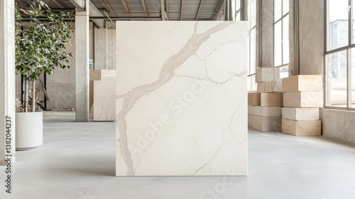 Obraz na płótnie A minimalist interior featuring a large marble panel, natural light, and a modern aesthetic, complemented by greenery and stacked boxes. w salonie