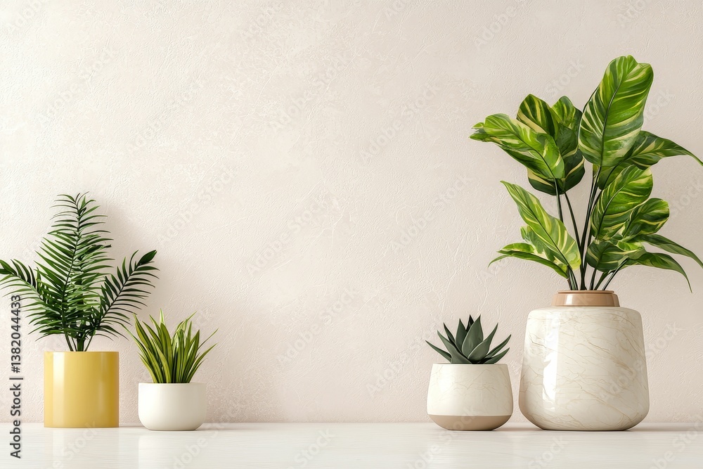 A serene indoor arrangement of potted plants showcasing various green foliage against a soft, neutral background.