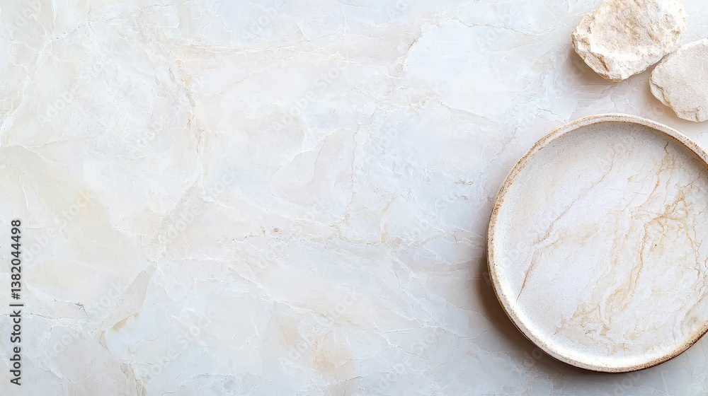 A smooth, light-colored surface with subtle patterns, featuring a round dish and a few small, natural stone pieces nearby.