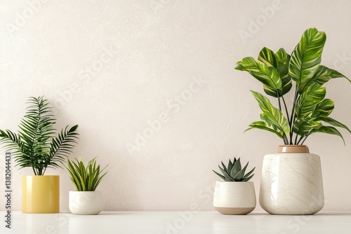 Obraz na płótnie A serene indoor arrangement of potted plants showcasing various green foliage against a soft, neutral background. w salonie