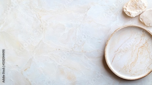 Obraz na płótnie A smooth, light-colored surface with subtle patterns, featuring a round dish and a few small, natural stone pieces nearby. w salonie
