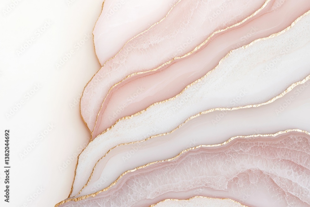 A soft, abstract design featuring flowing pink and white layers accented with golden lines, creating a serene and elegant aesthetic.