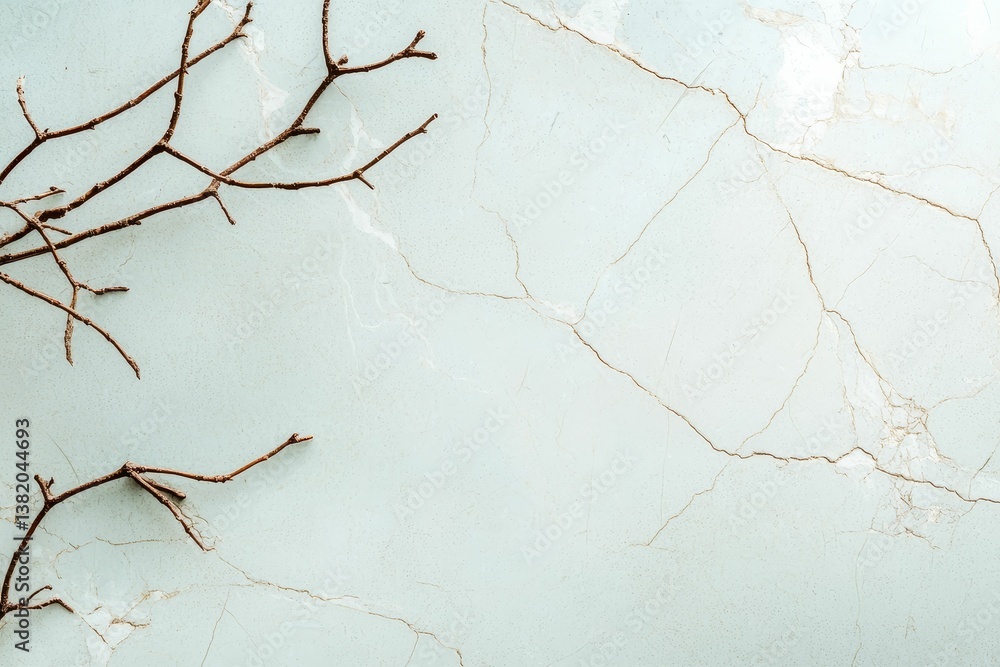 A close-up of a textured surface with cracks, complemented by bare twigs, creating a natural and minimalist aesthetic.
