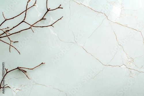Obraz na płótnie A close-up of a textured surface with cracks, complemented by bare twigs, creating a natural and minimalist aesthetic. w salonie