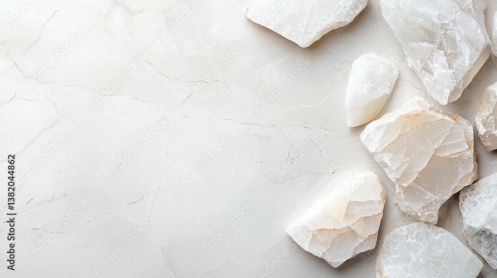 A collection of white stones scattered on a light background, showcasing the natural beauty and texture of the rocks.
