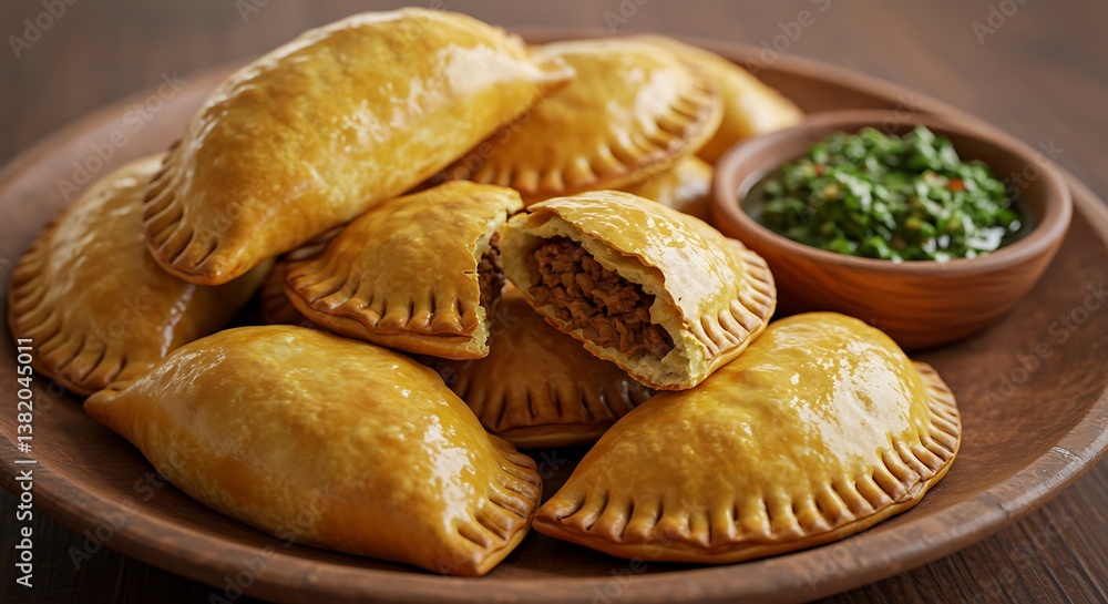 Serving of Golden Empanadas with Green Sauce on Wooden Plate Serving of Golden Empanadas with Green Sauce on Wooden Plate