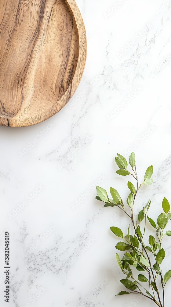 A wooden plate rests on a marble surface, accompanied by a sprig of green leaves, creating a serene and natural aesthetic.