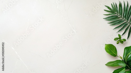 Obraz na płótnie A minimalist image featuring a light textured background with green leaves arranged artistically on one side, evoking a natural and serene ambiance. w salonie