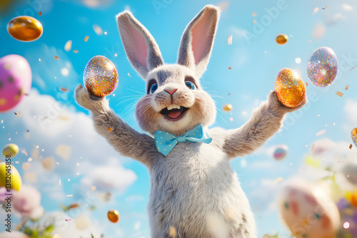 easter bunny happy with flaying easter eggs