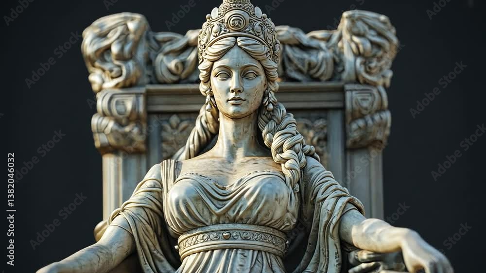 A majestic marble statue of a seated woman in classical style, with a crown. A majestic marble statue of a seated woman in classical style, with a crown.