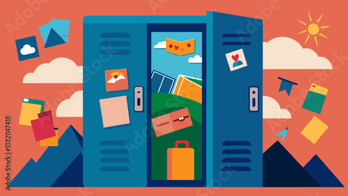 A locker covered in a collage of travel photos and postcards serves as a reminder to students of their dreams and aspirations beyond the school walls.. Vector illustration