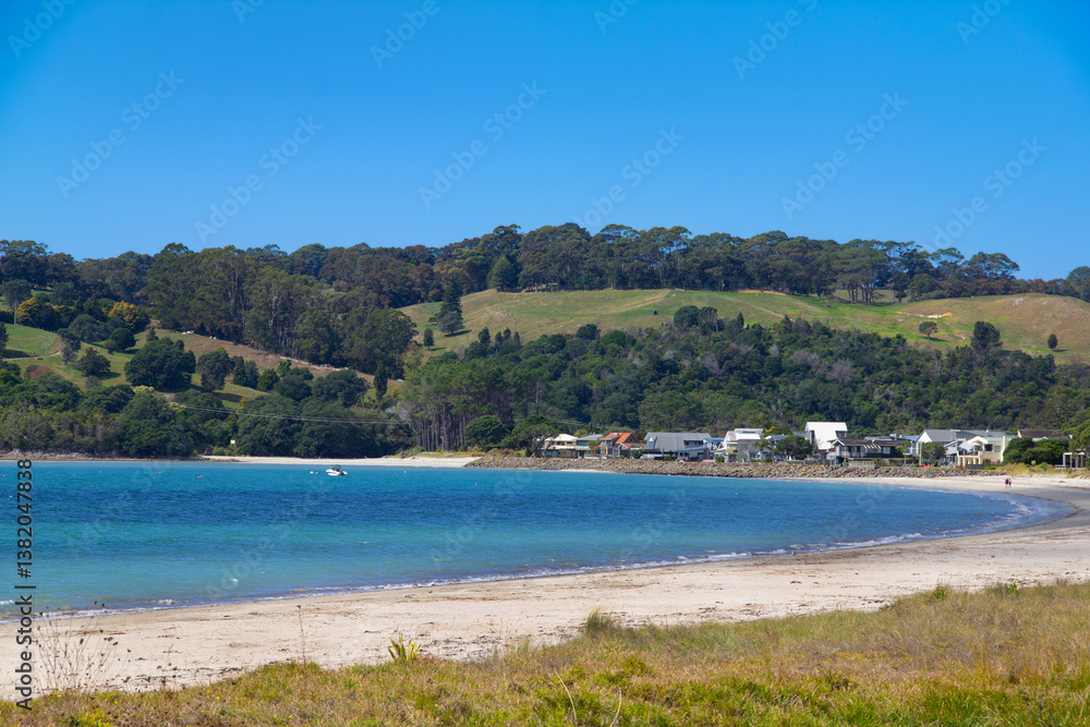 Fototapeta premium Cooks Beach, Coromandel Penisula, New Zealand. Houses at eastern end. Seawall prevents coastal erosion and protects beachfront properties.