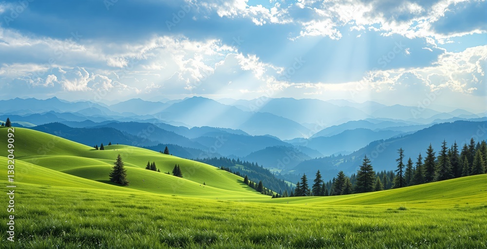 Fototapeta premium Scenic landscape of green grassy hills with pine trees, soft light and distant blue mountain layers, under cloudy sky background. Ai generative