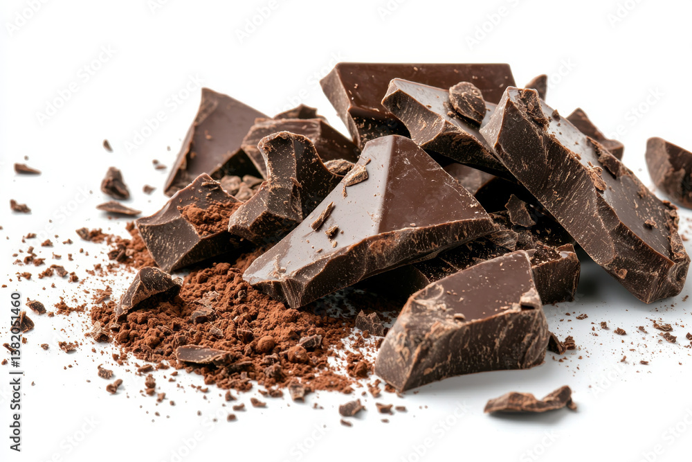 Isolated dark chocolate pieces broken apart on glossy surface food photography minimalist style bright background close-up view indulging concept Isolated dark chocolate pieces broken apart on glossy surface food photography minimalist style bright background close-up view indulging concept