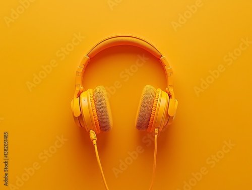 Top-down view headphones and a microphone on a bright orange background, perfect for creative podcast designs